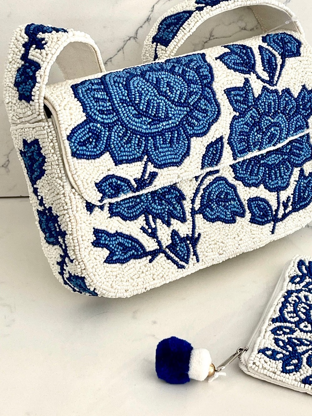 White Beaded Shoulder Bag with Blue Floral Design - Picture 3 of 5